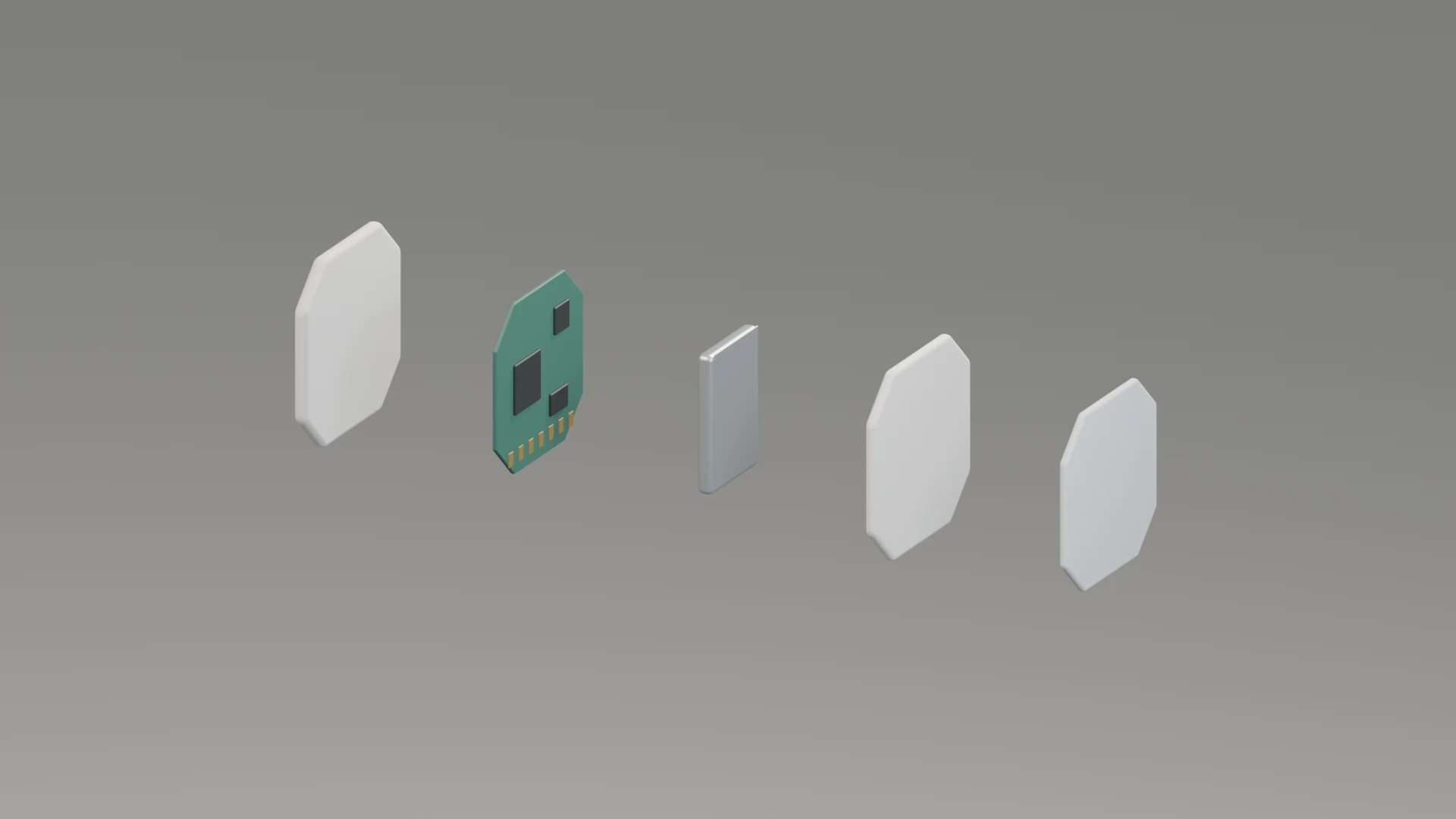 Exploded concept render of an Ambient Comfort pod: housing shells, a circuit board and a battery.
