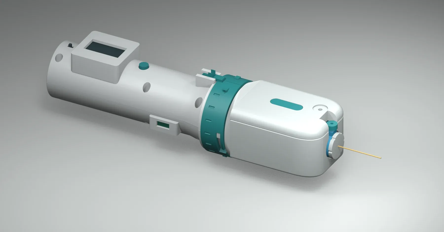 CAD render of the SoleSense R07: a handheld instrument with a small display, a teal collar and the magnetic pressure head.